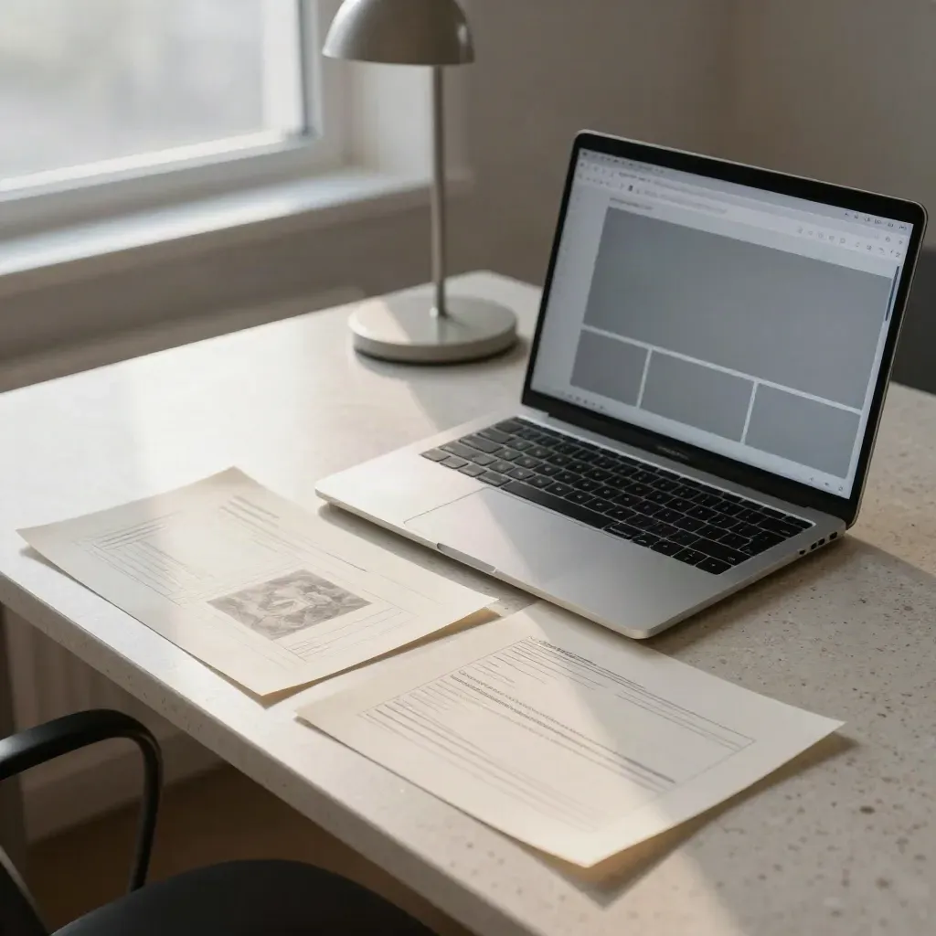 Laptop med blå layoutförhandsvisning, skissad webbsida och lång lampskugga i morgondimma.