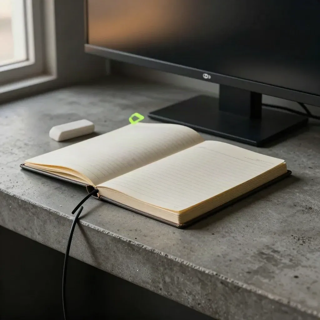 Svart kabel, stängd checklista och suddgummi vid en mörk skärmreflektion i glas.